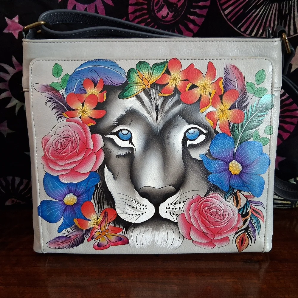 Anuschka Hand-painted Grey Leather Shoulder Bag Lion Flowers - Picture 3 of 17